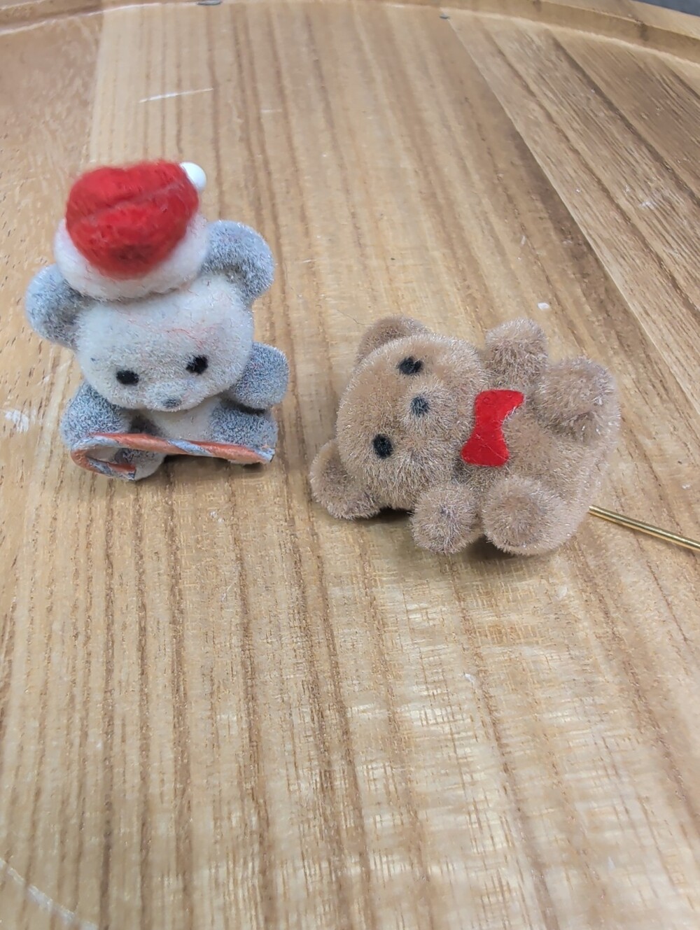 Vintage 80s/90s 2 Flocked Teddy Bear Pins Miniature Fuzzy Stick Pin